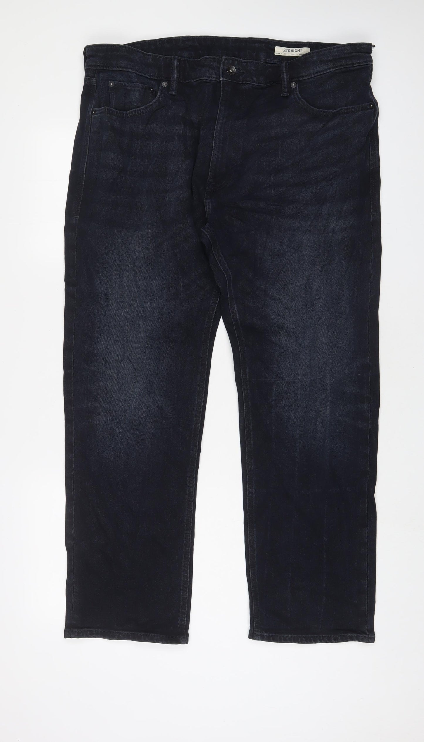Marks and Spencer Mens Blue Cotton Straight Jeans Size 38 in L29 in Regular Zip - Short Leg