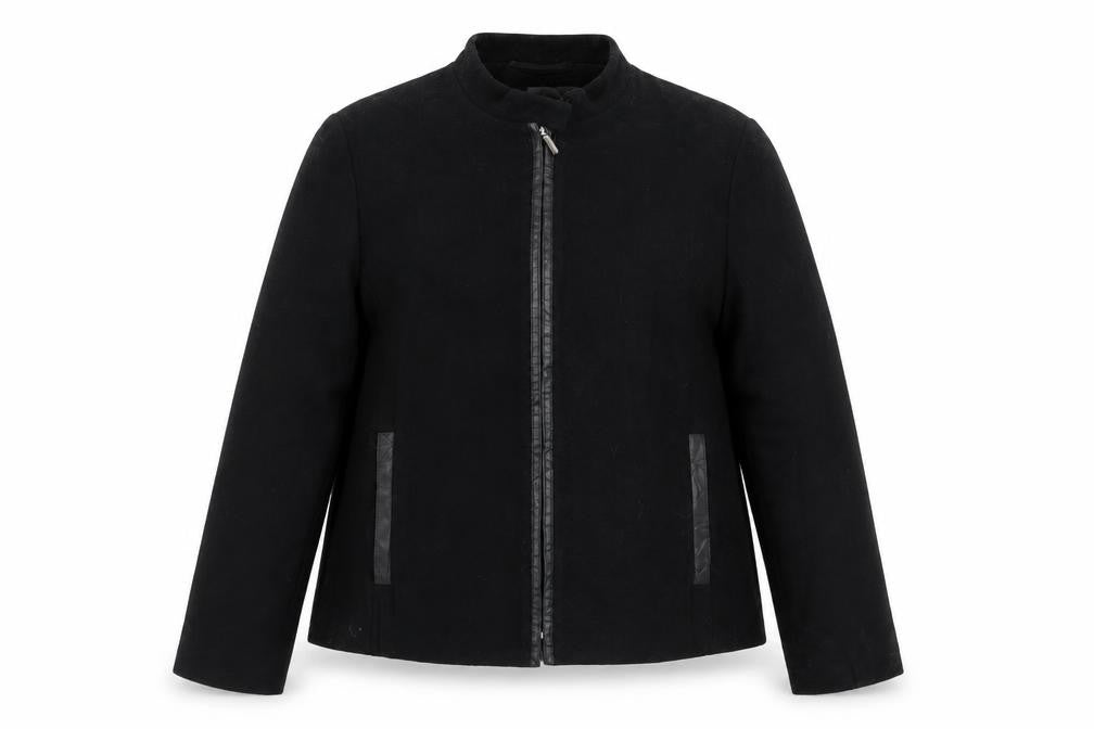 Front view of Marks & Spencer women’s black jacket, size UK 14, zip