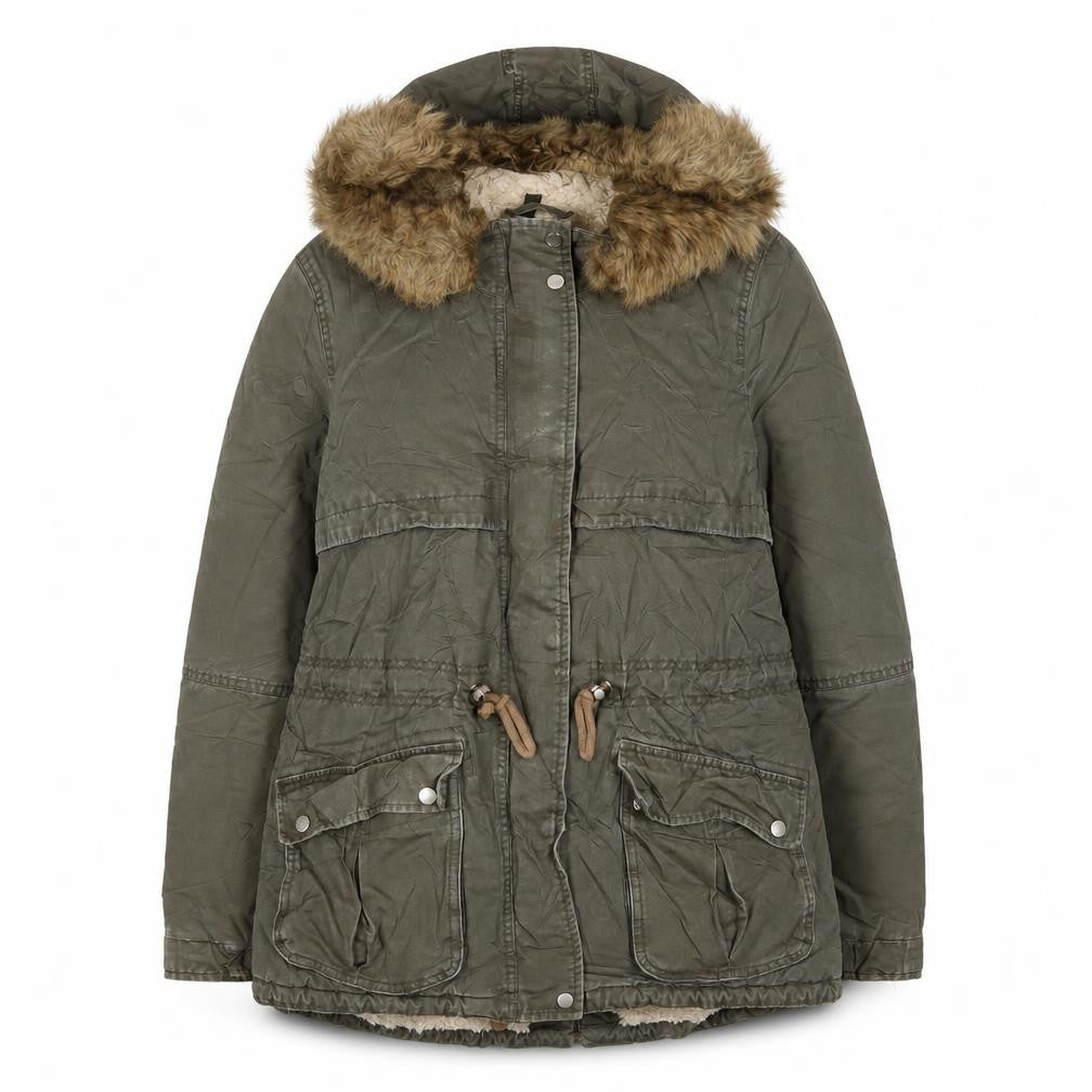 Front view of H&M women’s green jacket coat, size UK 12, zip