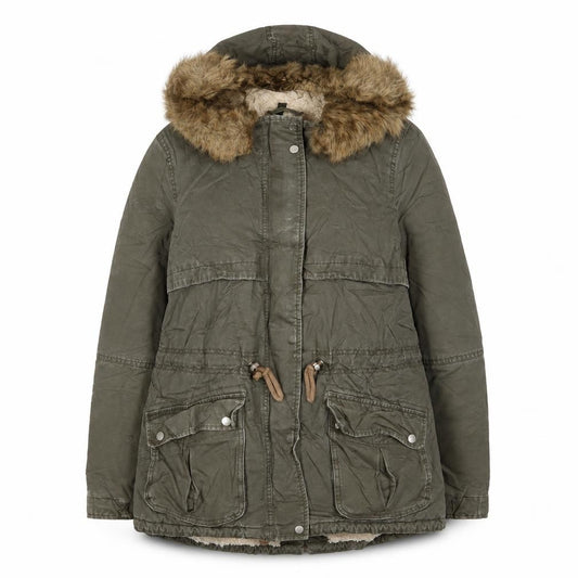 Front view of H&M women’s green jacket coat, size UK 12, zip