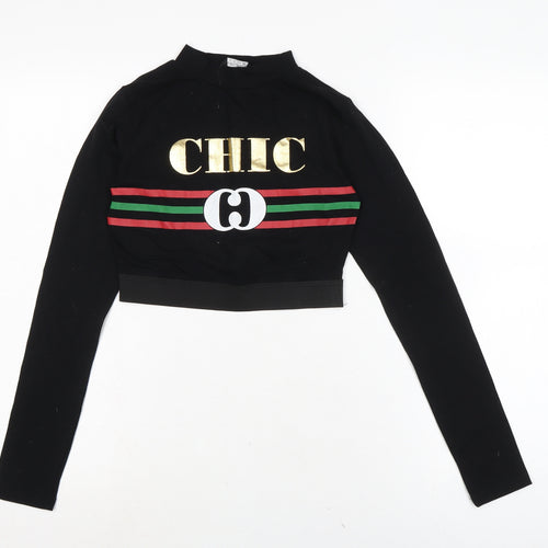 Select Womens Black Herringbone Cotton Cropped T-Shirt Size 10 Cowl Neck