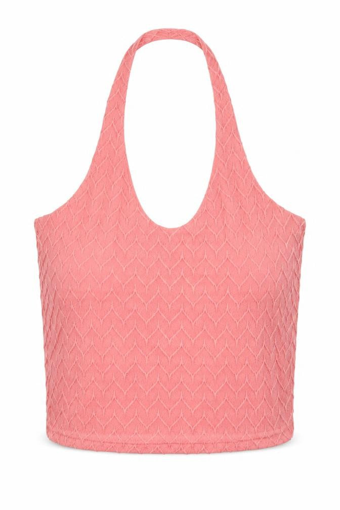 Front view of Select women’s pink polyester cropped t-shirt, size UK 10, halter