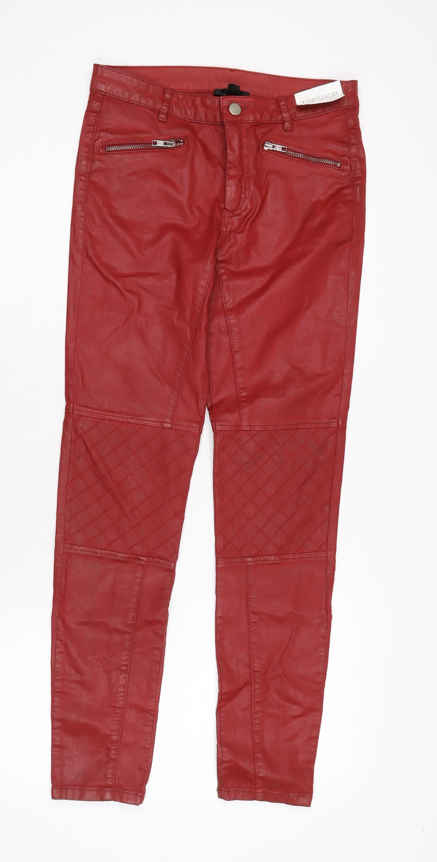 Topshop Womens Red Cotton Trousers Size 10 L27.5 in Regular Zip