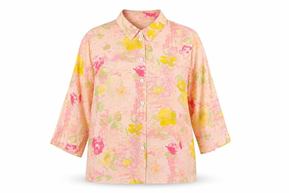 Front view of Bianca women’s multicoloured floral viscose basic blouse, size UK 12, collared