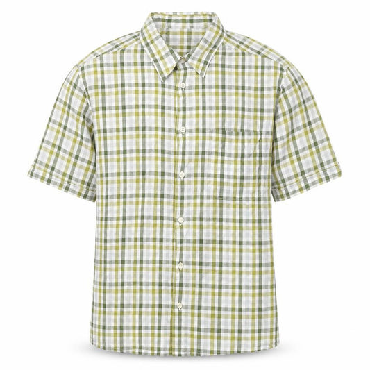 Front view of Marks & Spencer men’s green check cotton button-up, size M, collared button