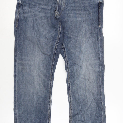 Marks and Spencer Mens Blue Cotton Blend Straight Jeans Size 32 in L27 in Regular Zip