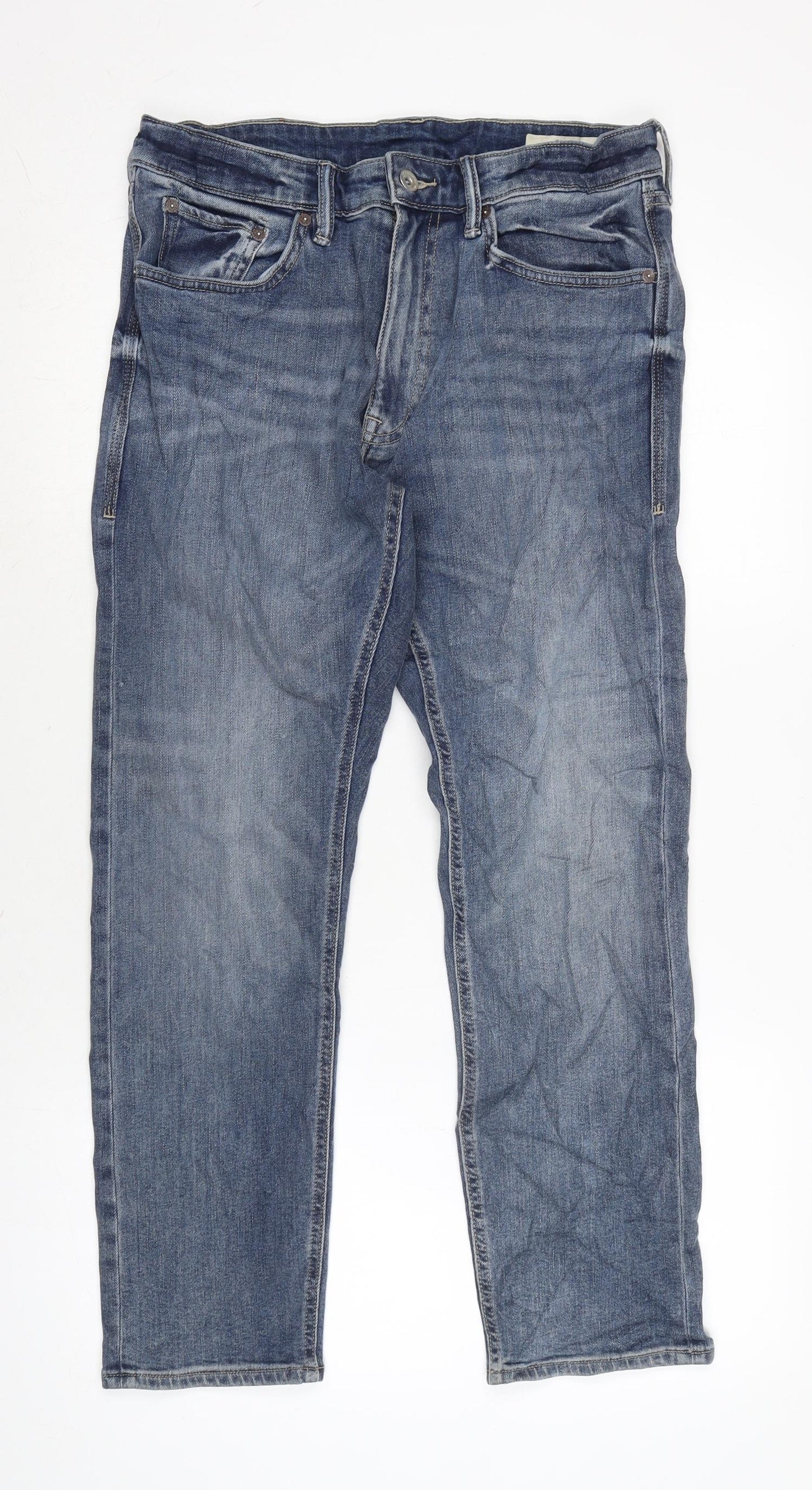 Marks and Spencer Mens Blue Cotton Blend Straight Jeans Size 32 in L27 in Regular Zip