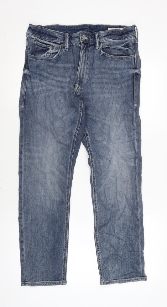 Marks and Spencer Mens Blue Cotton Blend Straight Jeans Size 32 in L27 in Regular Zip