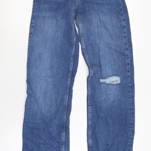 Marks and Spencer Womens Blue Cotton Blend Straight Jeans Size 8 L32.5 in Slim Zip - Raw Hem