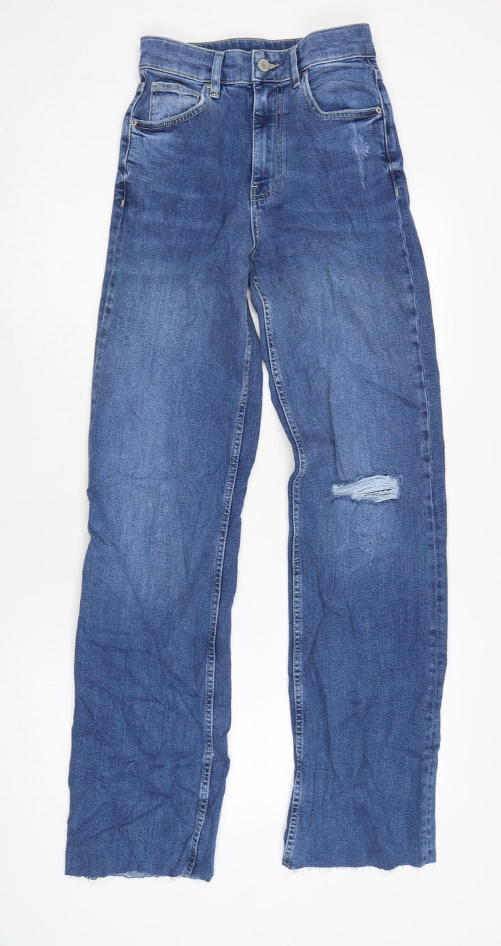 Marks and Spencer Womens Blue Cotton Blend Straight Jeans Size 8 L32.5 in Slim Zip - Raw Hem