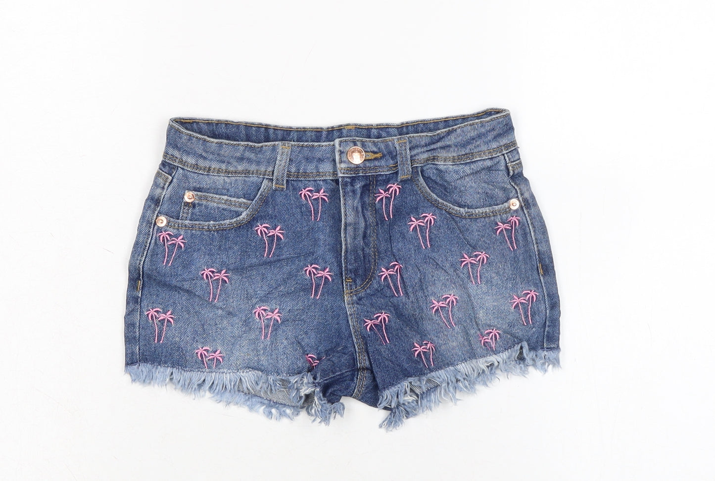 Marks and Spencer Girls Blue Cotton Cut-Off Shorts Size 8-9 Years Regular Zip