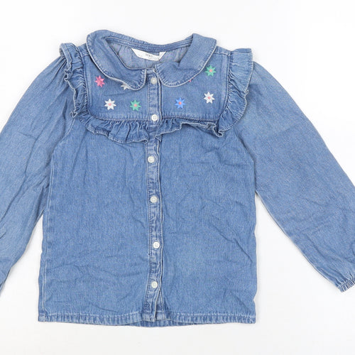 Marks and Spencer Girls Blue Cotton Basic Blouse Size 5-6 Years Collared Button