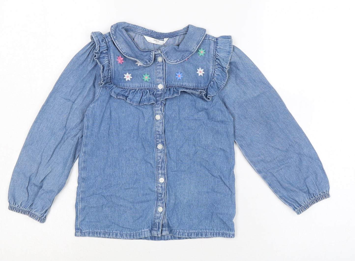 Marks and Spencer Girls Blue Cotton Basic Blouse Size 5-6 Years Collared Button