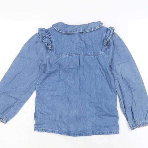 Marks and Spencer Girls Blue Cotton Basic Blouse Size 5-6 Years Collared Button