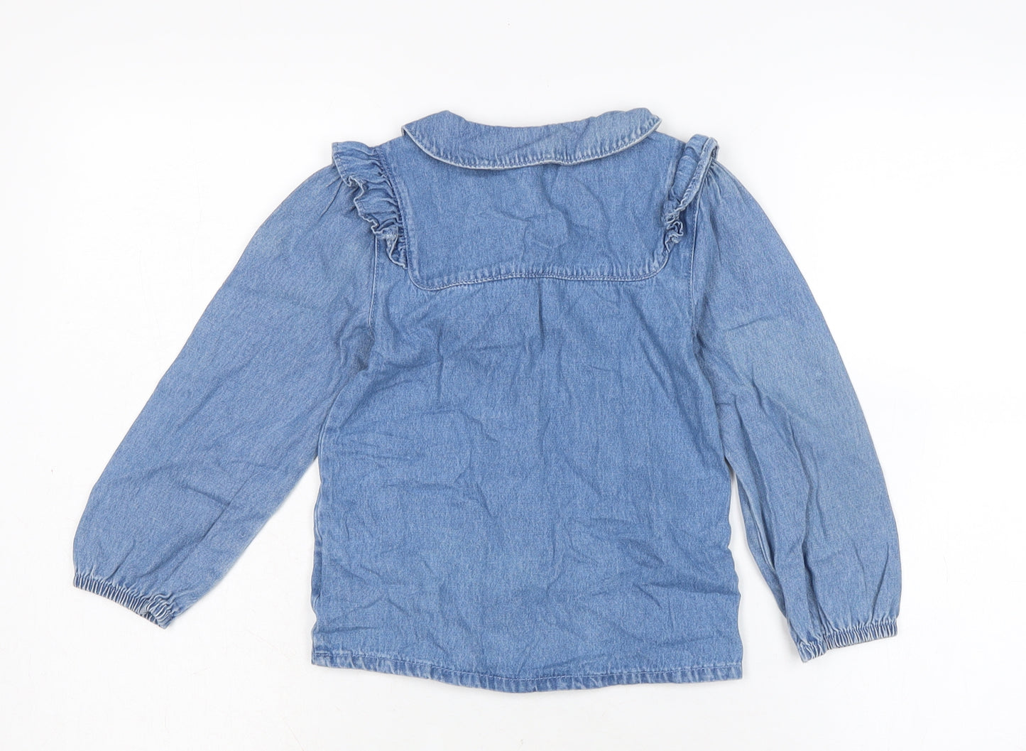 Marks and Spencer Girls Blue Cotton Basic Blouse Size 5-6 Years Collared Button