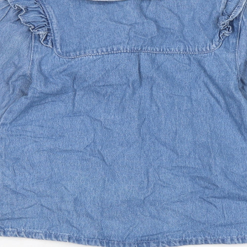 Marks and Spencer Girls Blue Cotton Basic Blouse Size 5-6 Years Collared Button