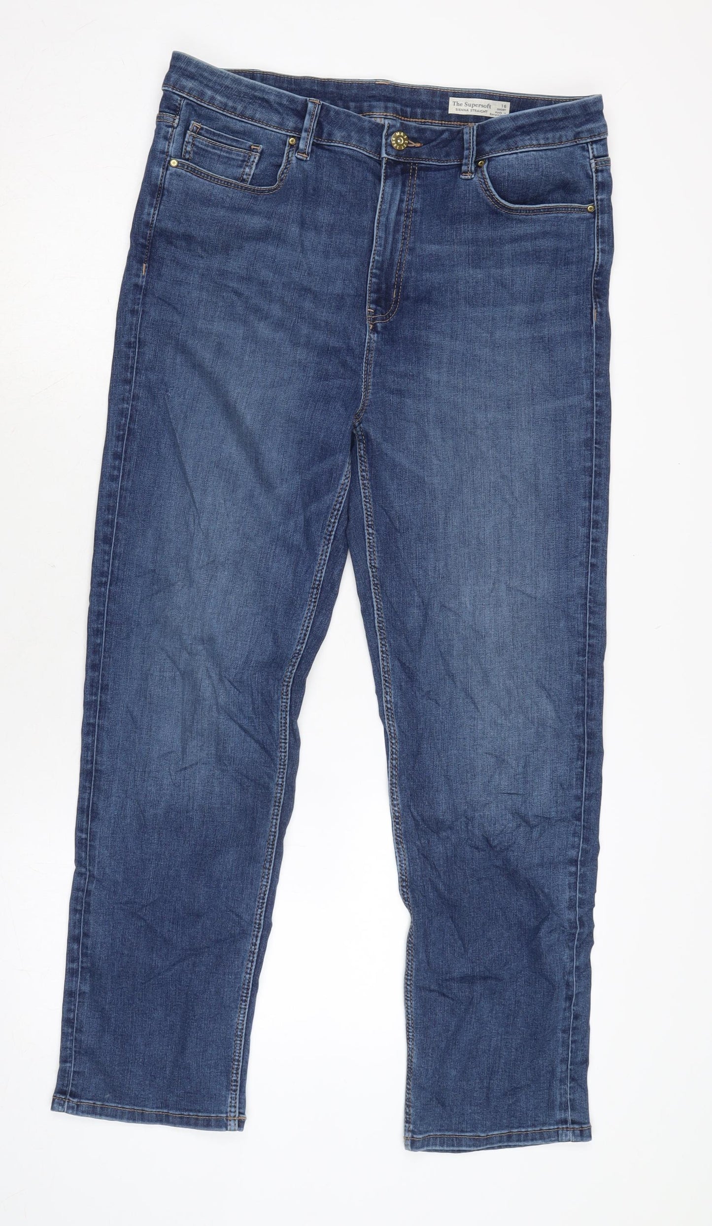 Marks and Spencer Womens Blue Cotton Blend Straight Jeans Size 16 L28 in Regular Zip