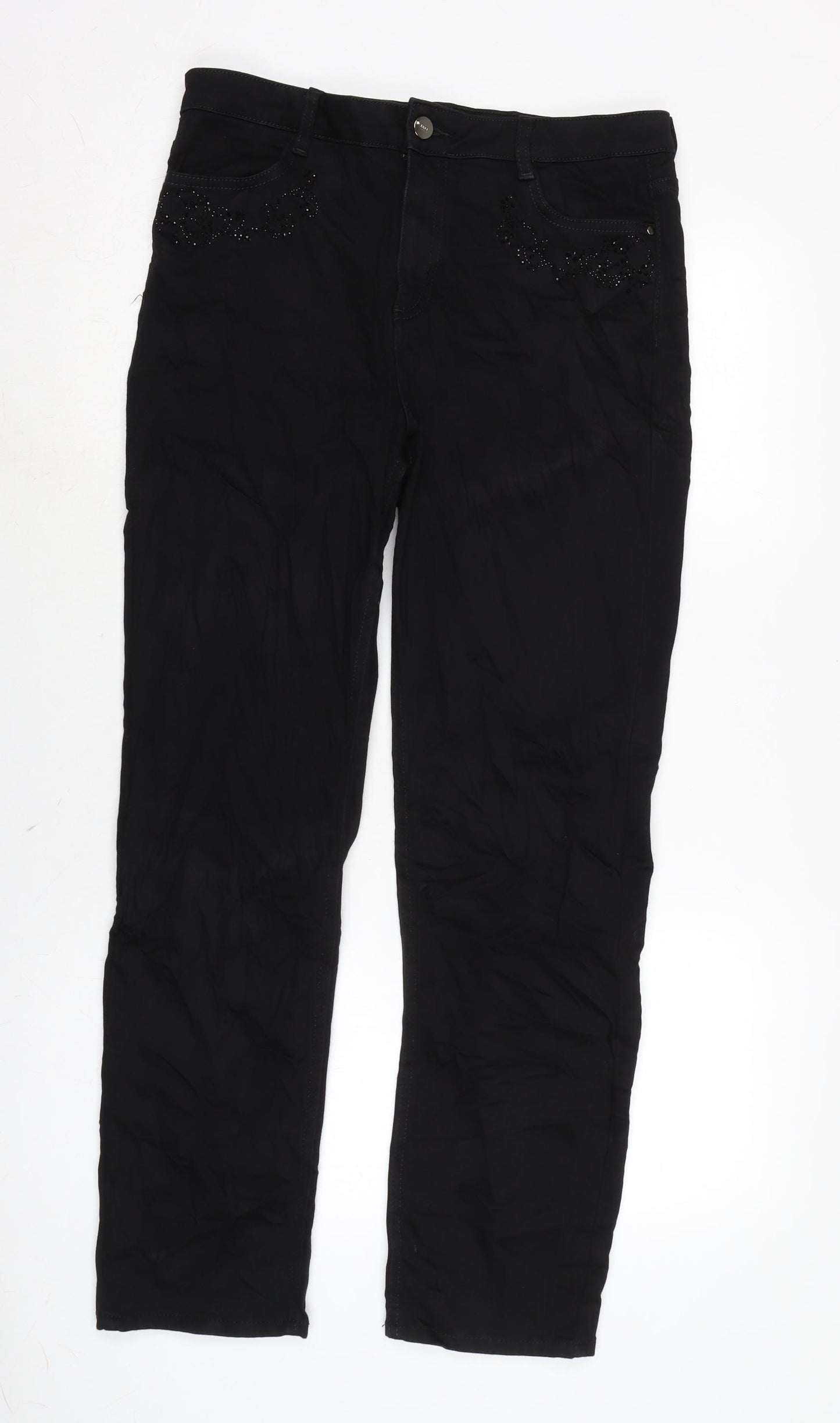 Marks and Spencer Womens Black Cotton Blend Straight Jeans Size 16 L28 in Regular Zip - GEMSTONE DETAIL FRONT AND BACK.