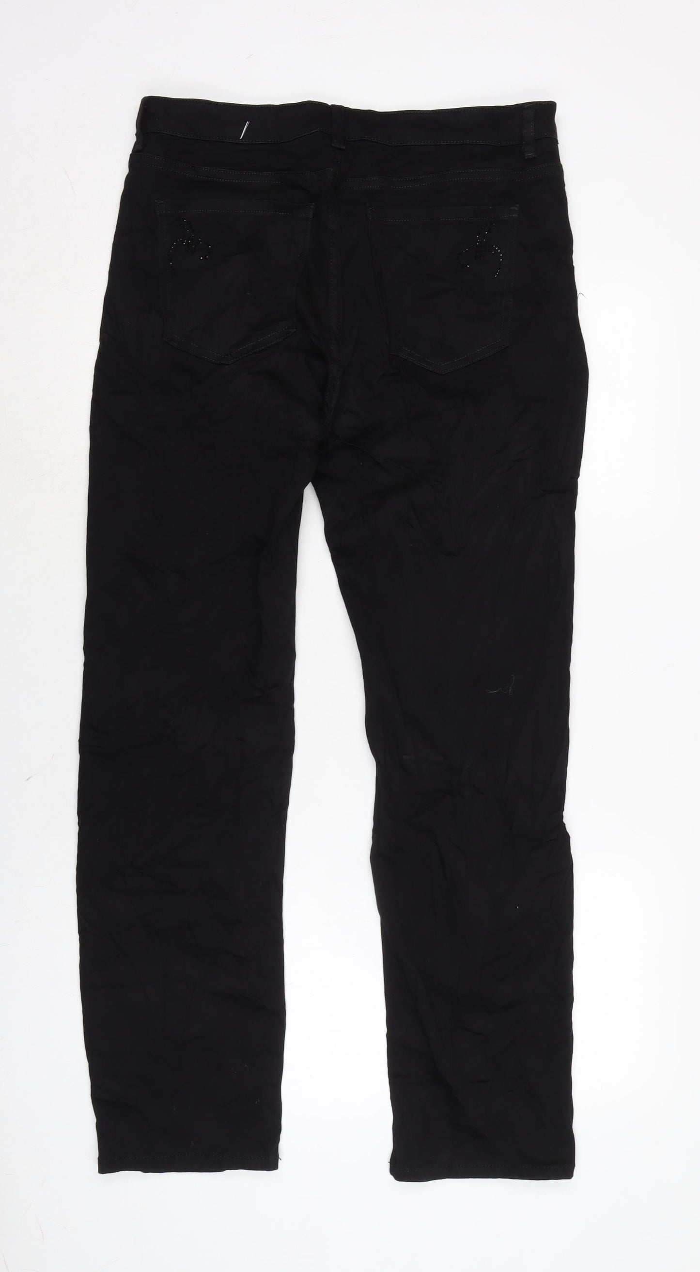 Marks and Spencer Womens Black Cotton Blend Straight Jeans Size 16 L28 in Regular Zip - GEMSTONE DETAIL FRONT AND BACK.