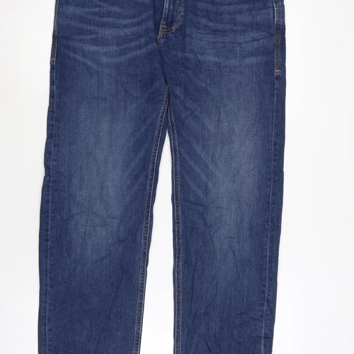 Marks and Spencer Mens Blue Cotton Blend Straight Jeans Size 33 in L33 in Regular Zip