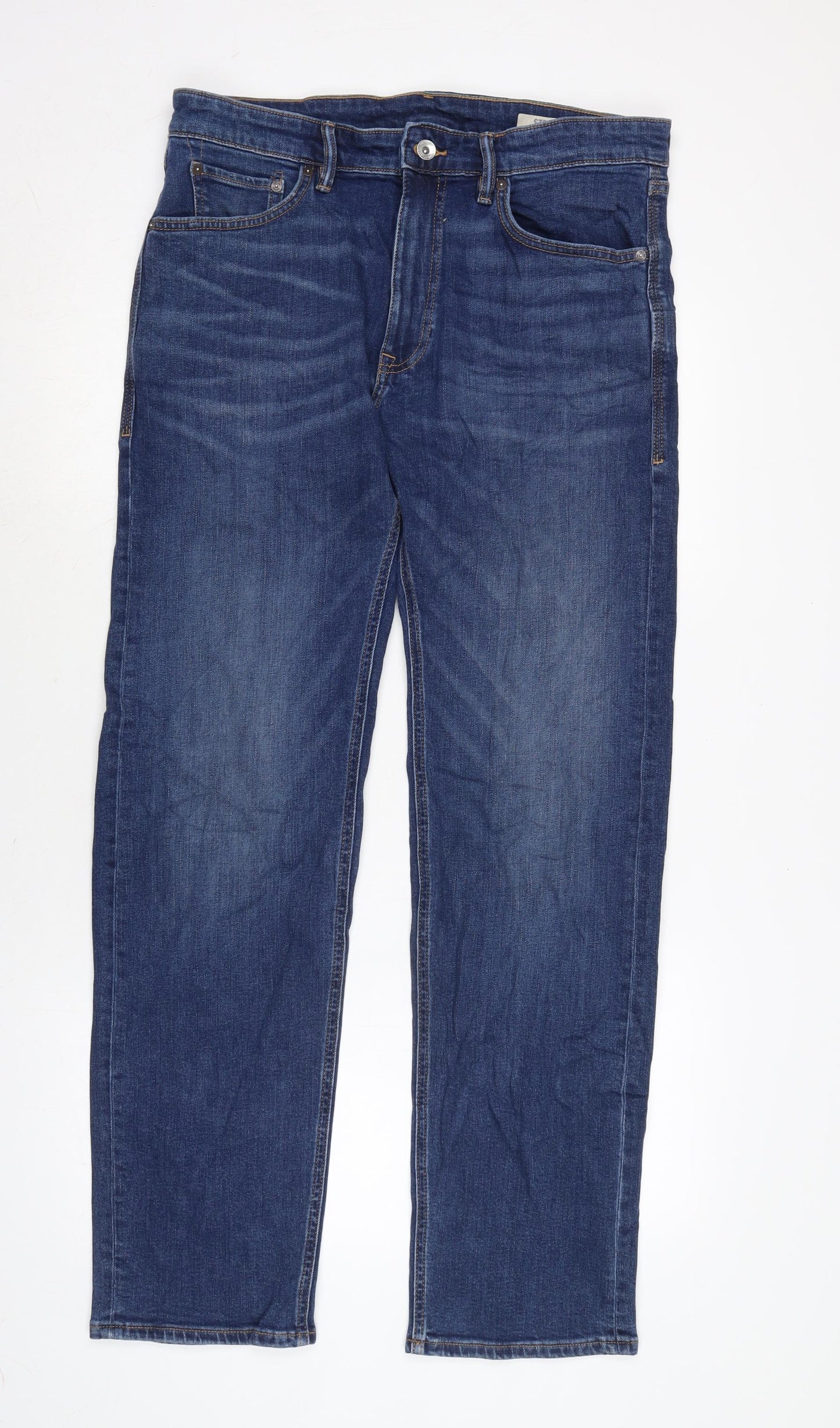 Marks and Spencer Mens Blue Cotton Blend Straight Jeans Size 33 in L33 in Regular Zip