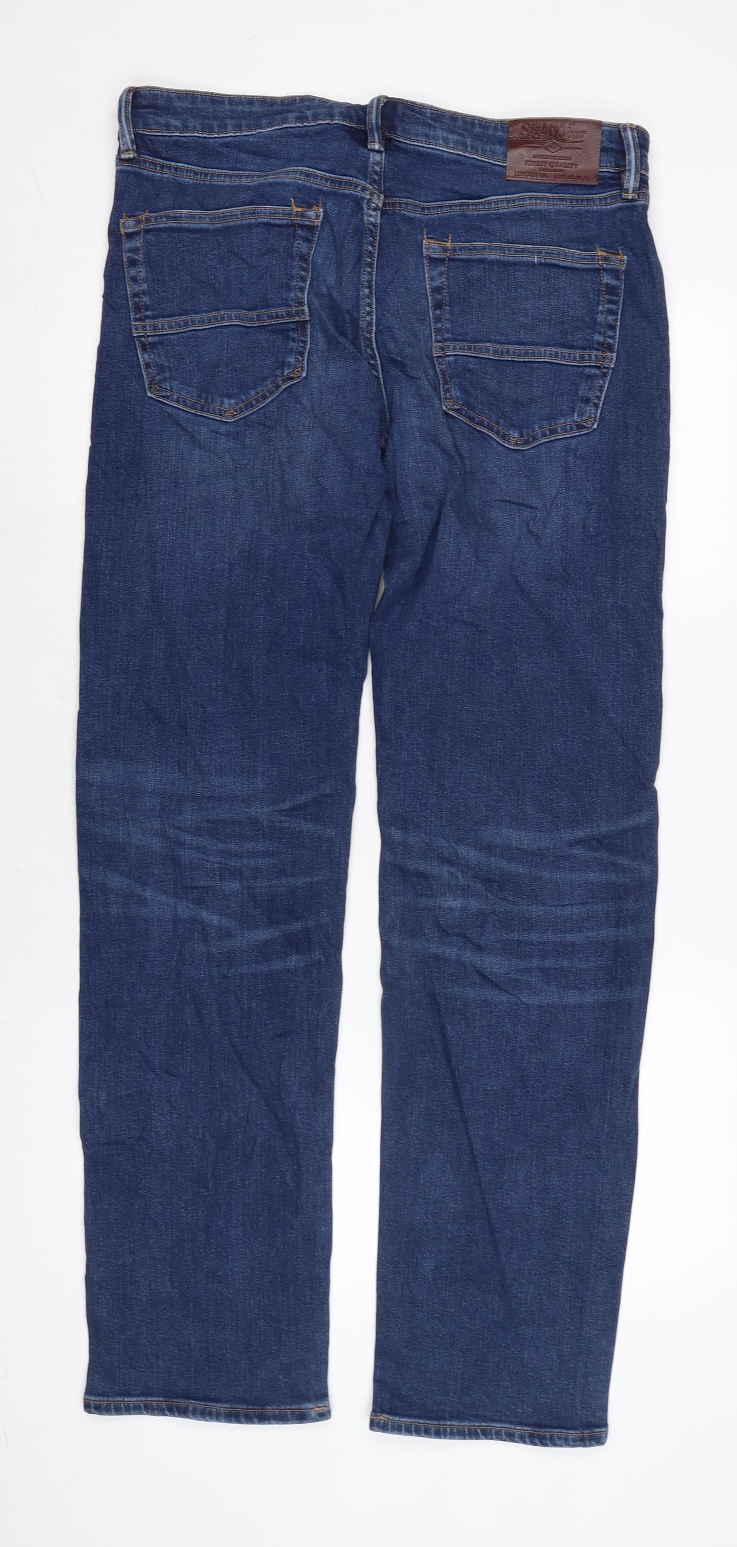 Marks and Spencer Mens Blue Cotton Blend Straight Jeans Size 33 in L33 in Regular Zip