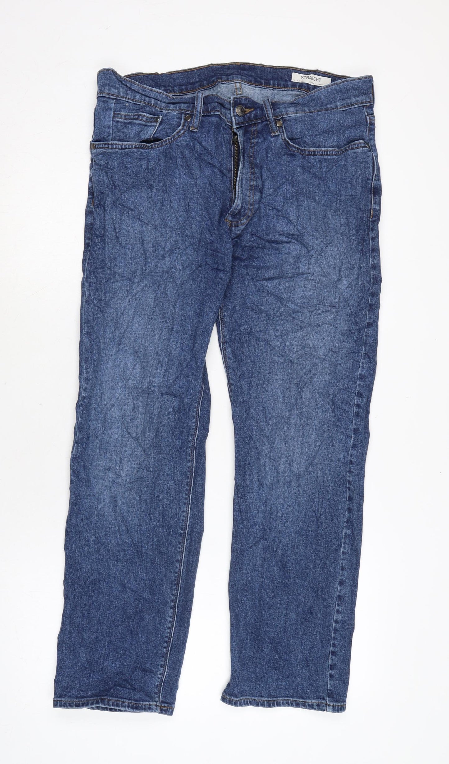 Marks and Spencer Mens Blue Cotton Blend Straight Jeans Size 31 in L29 in Regular Zip