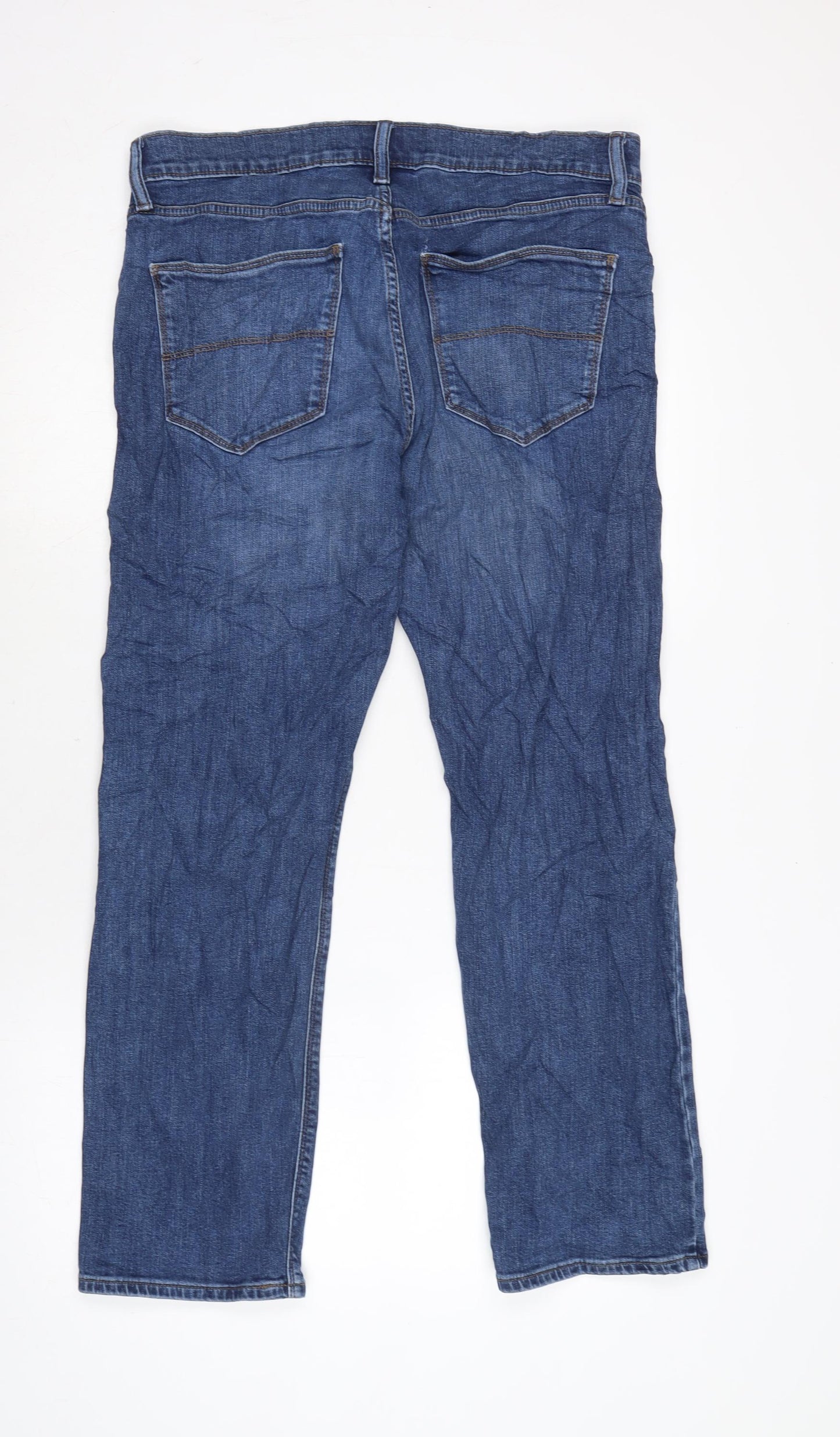 Marks and Spencer Mens Blue Cotton Blend Straight Jeans Size 31 in L29 in Regular Zip