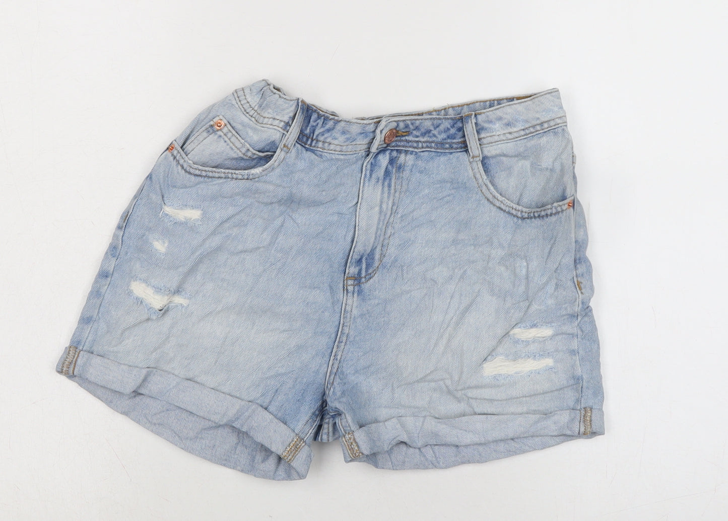 Marks and Spencer Girls Blue Cotton Biker Shorts Size 13-14 Years Extra-Slim Zip - Distressed