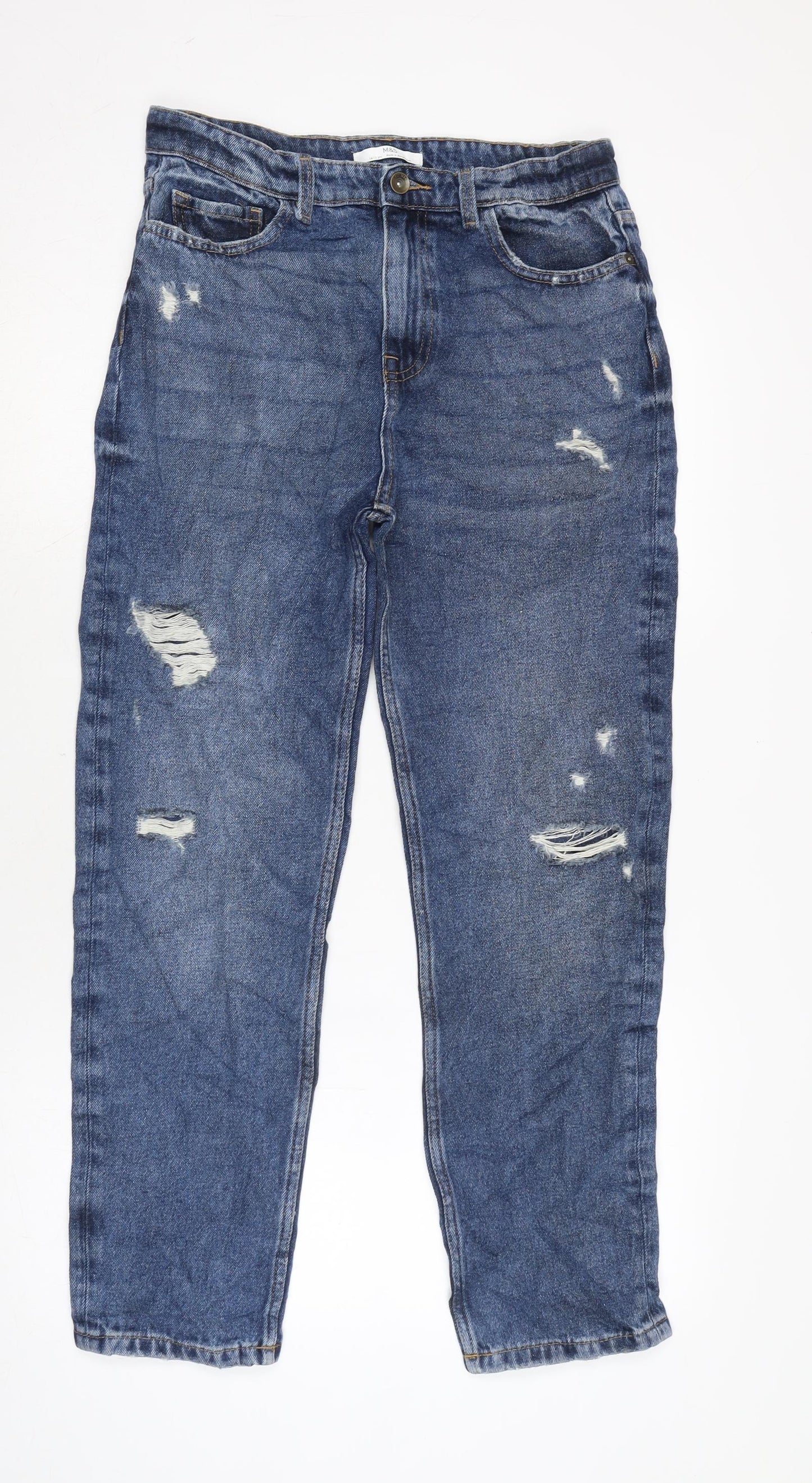Marks and Spencer Girls Blue Cotton Skinny Jeans Size 14 Years L28 in Regular Zip - Distressed