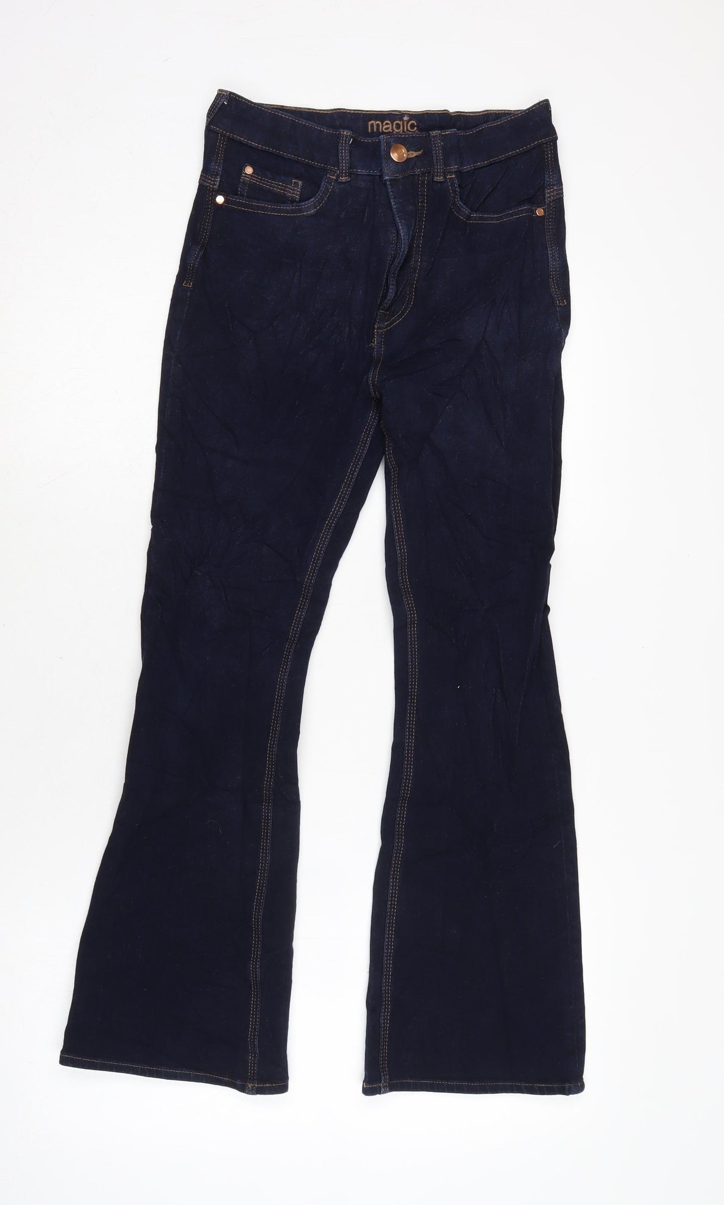 Marks and Spencer Womens Blue Cotton Blend Flared Jeans Size 8 L26 in Regular Zip