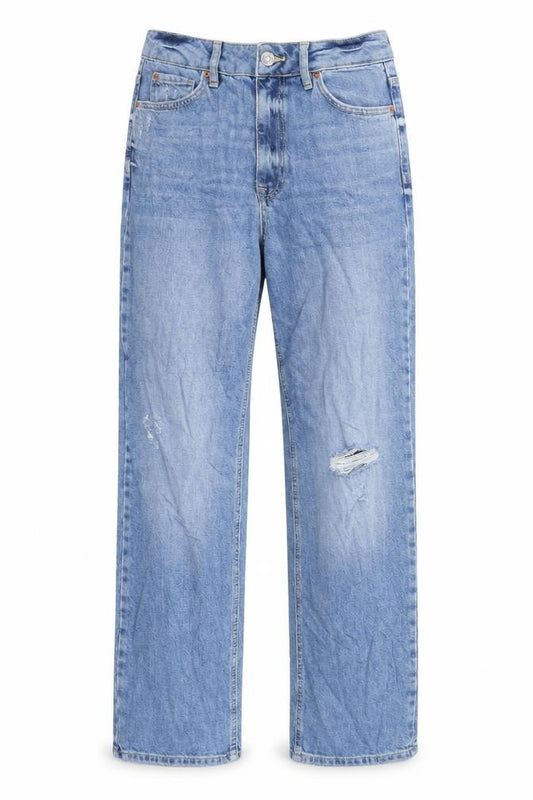 Front view of Marks & Spencer women’s blue cotton blend straight jeans, size UK 8, 28-inch leg regular zip