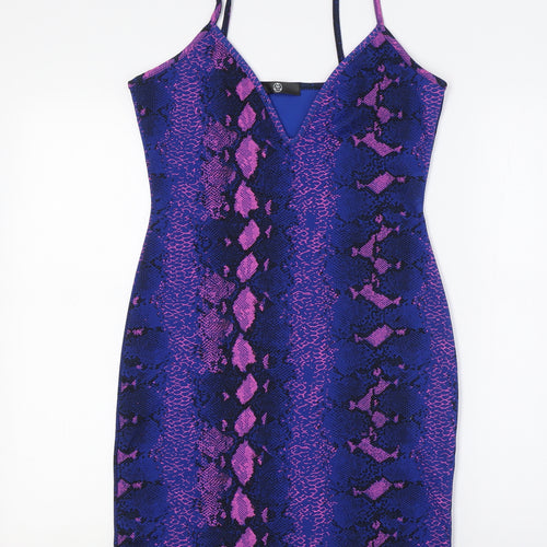 Missguided Womens Blue Animal Print Polyester Bodycon Size 12 V-Neck - Pink