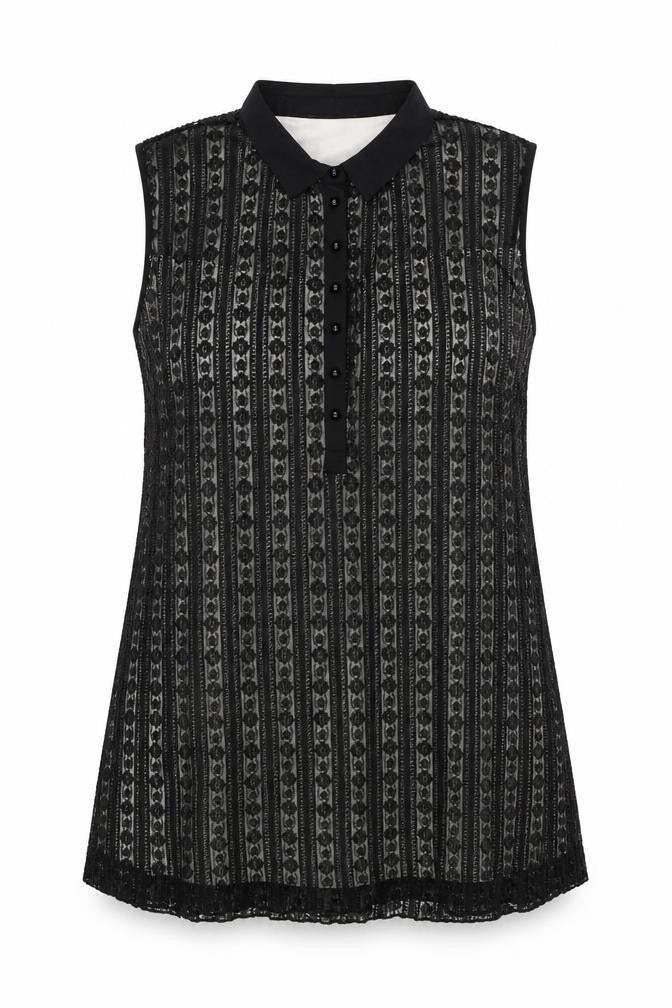Front view of Klass women’s black polyester a-line, size UK 20, collared button - lace overlay