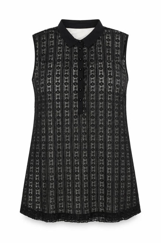 Front view of Klass women’s black polyester a-line, size UK 20, collared button - lace overlay