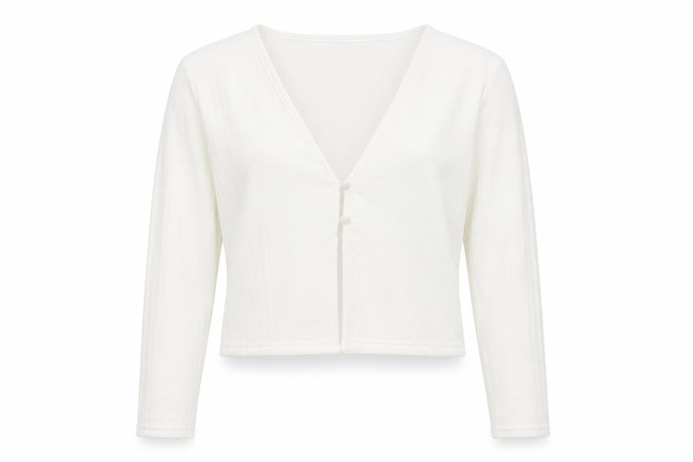 Front view of Divided by H&M women’s ivory polyester basic button-up, size M, v-neck