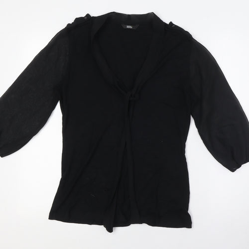 Marks and Spencer Womens Black Viscose Basic Button-Up Size 10 Mock Neck - Tie Neck