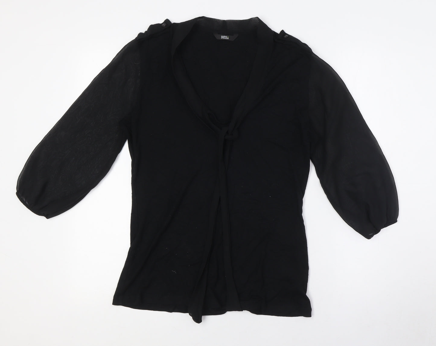 Marks and Spencer Womens Black Viscose Basic Button-Up Size 10 Mock Neck - Tie Neck
