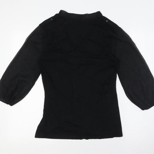 Marks and Spencer Womens Black Viscose Basic Button-Up Size 10 Mock Neck - Tie Neck