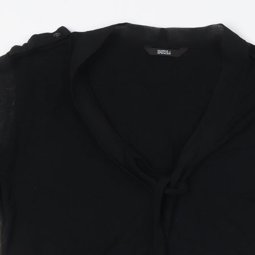 Marks and Spencer Womens Black Viscose Basic Button-Up Size 10 Mock Neck - Tie Neck