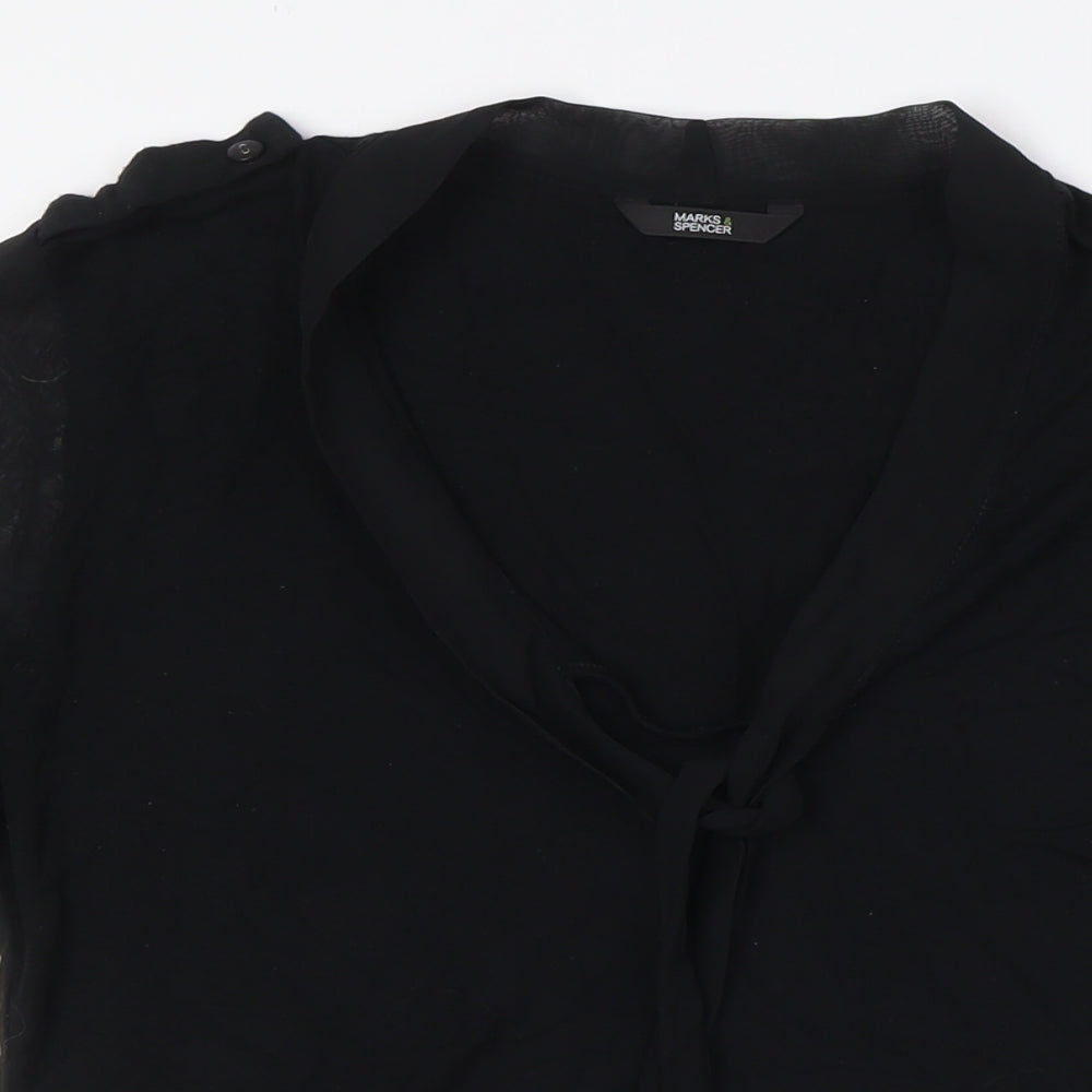 Marks and Spencer Womens Black Viscose Basic Button-Up Size 10 Mock Neck - Tie Neck