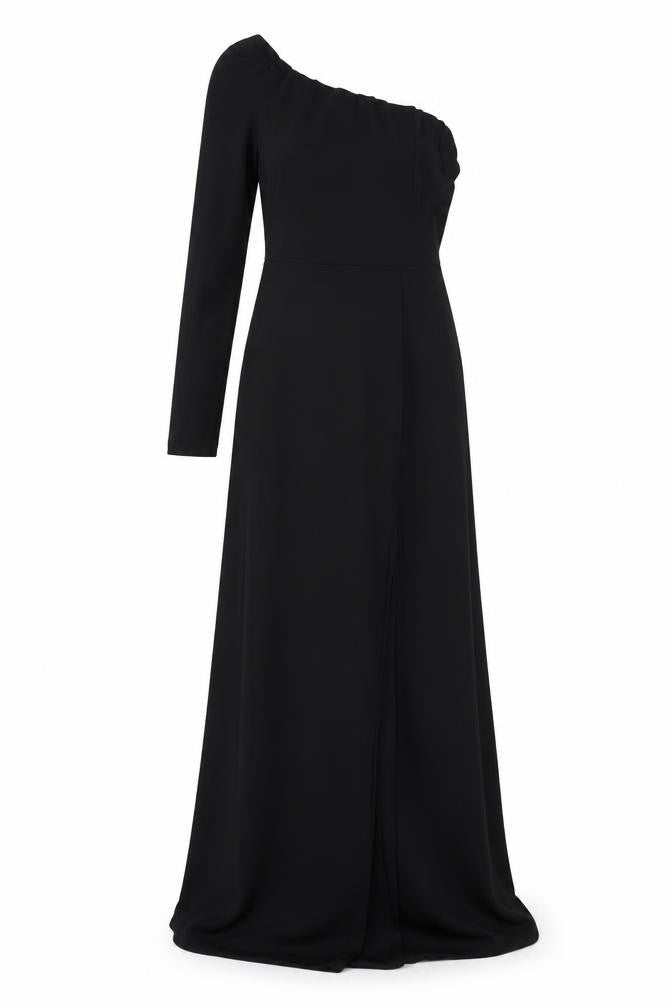 Front view of Club L women’s black polyester a-line, size UK 8, one shoulder