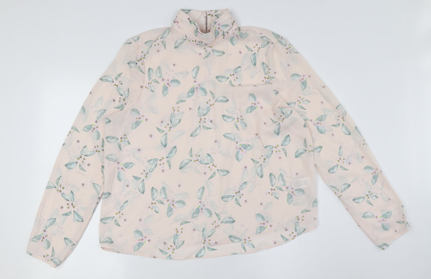 Marks and Spencer Womens Pink Floral Polyester Basic Button-Up Size 16 Mock Neck