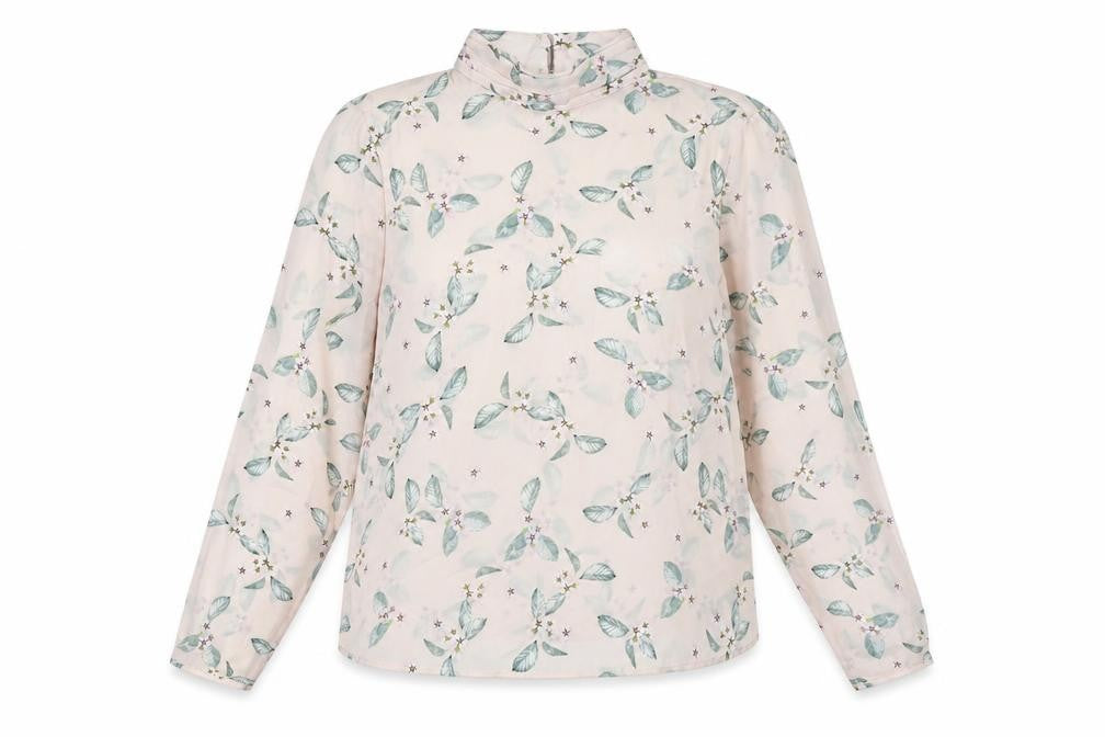 Front view of Marks & Spencer women’s pink floral polyester basic button-up, size UK 16, mock neck