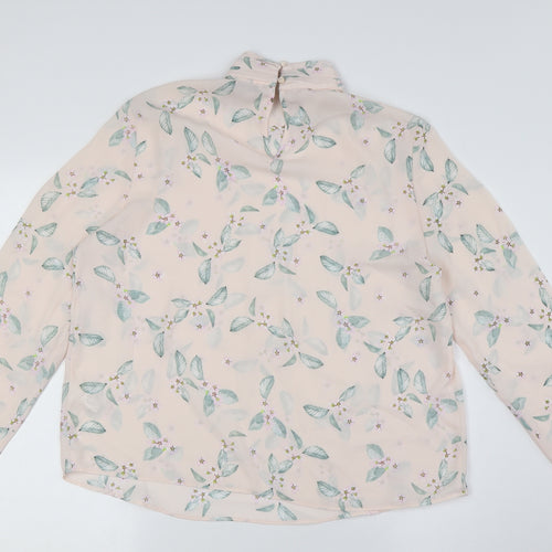 Marks and Spencer Womens Pink Floral Polyester Basic Button-Up Size 16 Mock Neck