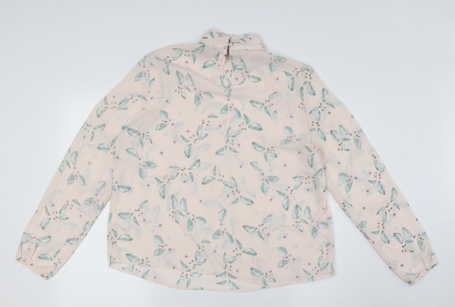 Marks and Spencer Womens Pink Floral Polyester Basic Button-Up Size 16 Mock Neck