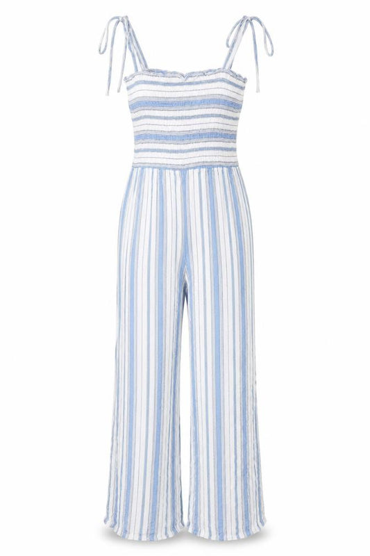 Front view of New Look women’s blue striped viscose jumpsuit one-piece, size UK 8, 27-inch leg - smocked top