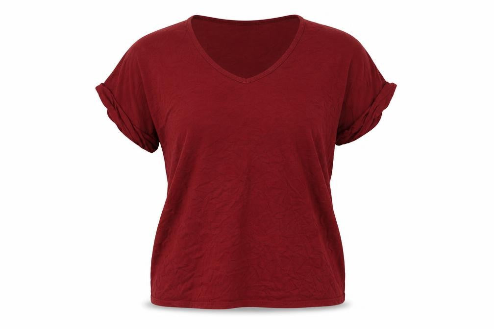 Front view of Boohoo women’s red viscose basic t-shirt, size M, round neck -, size M-l