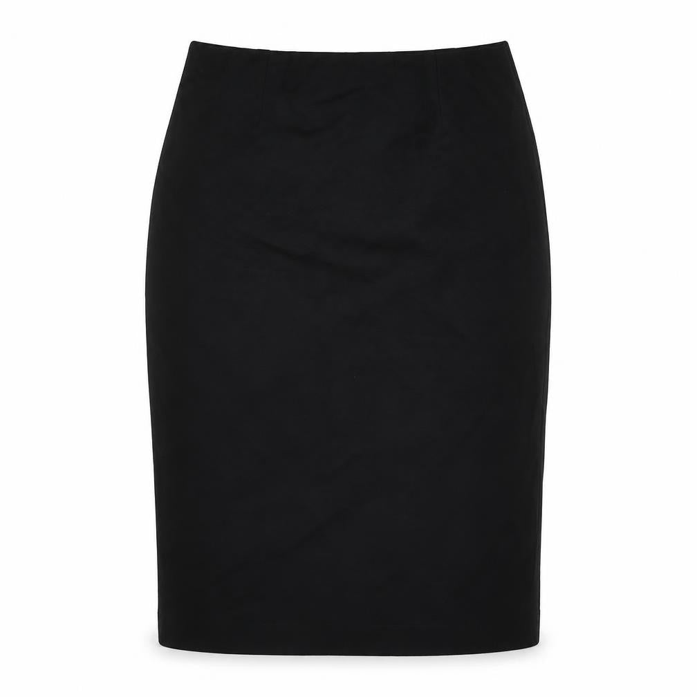 Front view of Fenn Wright Manson women’s black polyester straight & pencil skirt, size UK 10, - elasticated waist