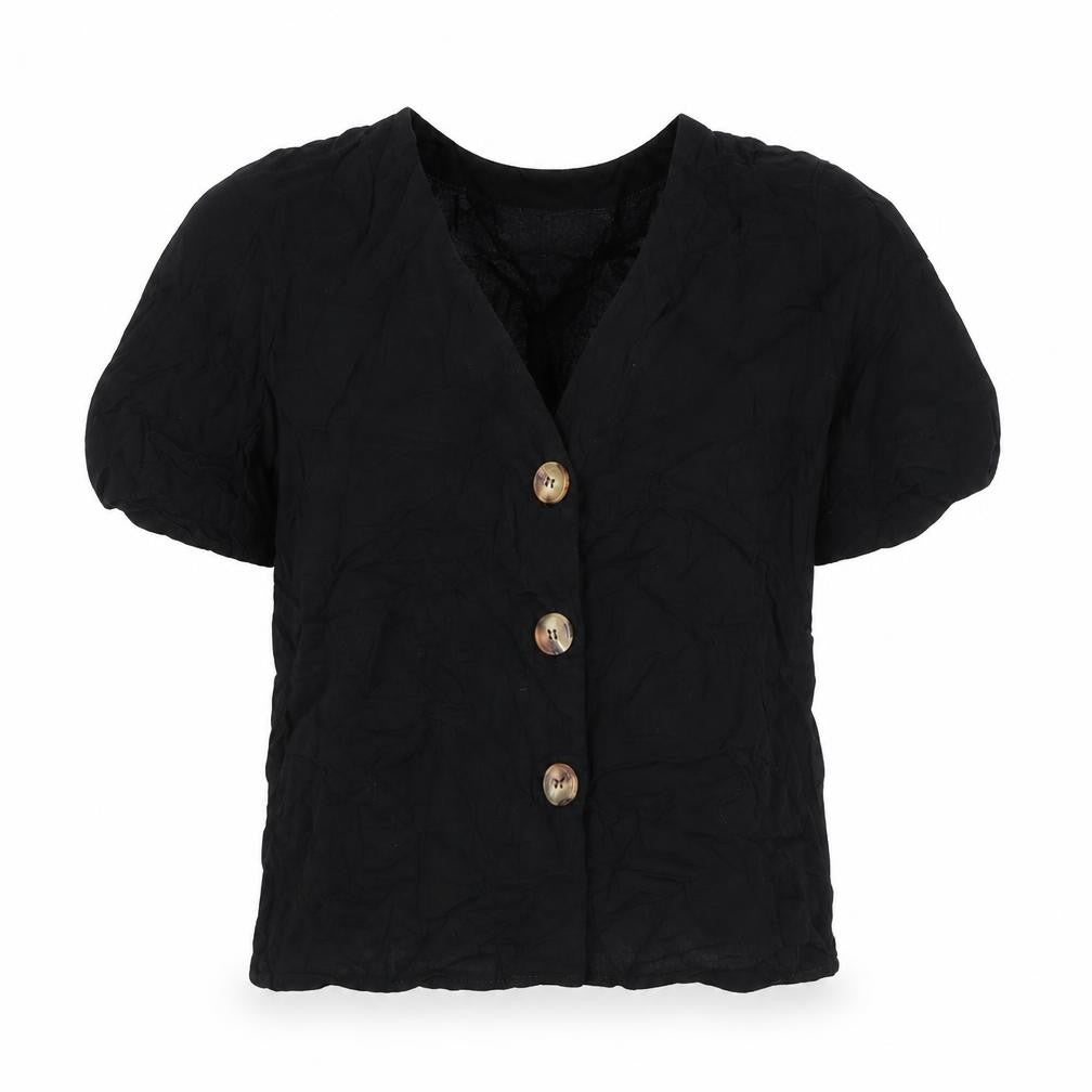Front view of ASOS women’s black viscose basic button-up, size UK 6, v-neck